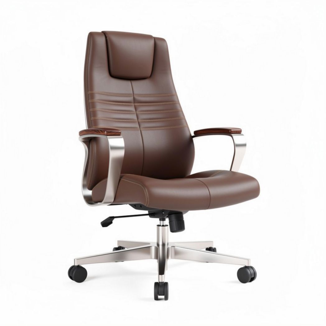 Chaise de bureau en cuir brun réglable avec accoudoirs en métal 70 x 70 x 120cm