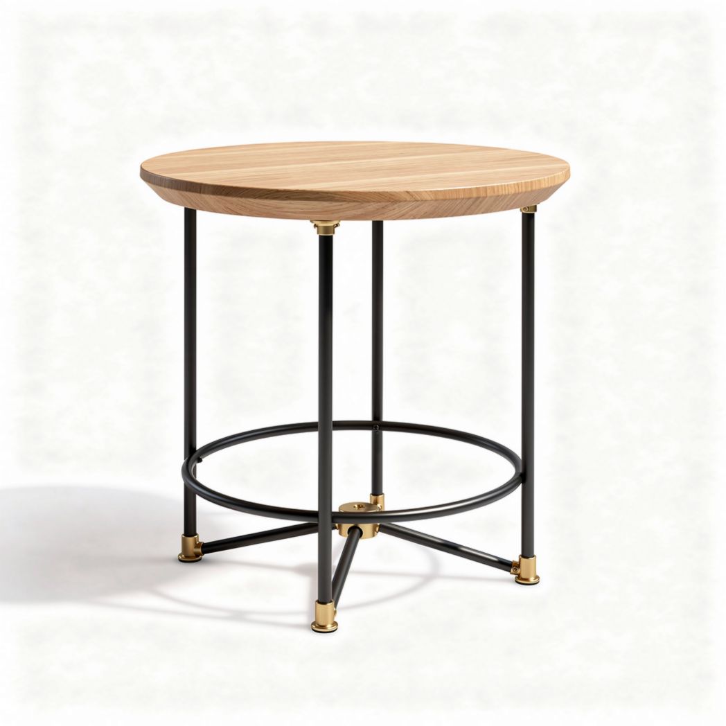 Table ronde en bois de chêne, piètement en métal noir, 60 x 60 x 45cm