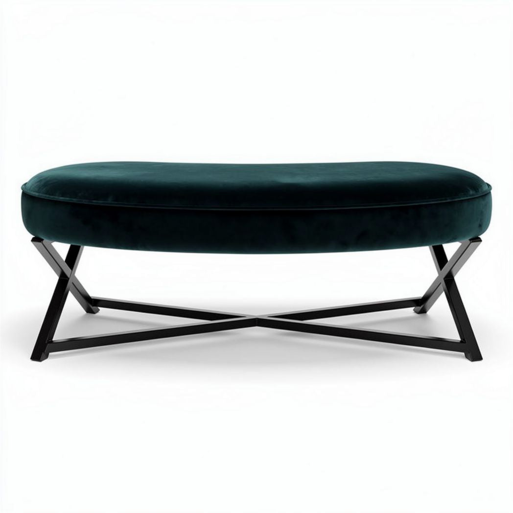 Banquette en velours vert 130 x 50 x 40cm avec structure en métal noir