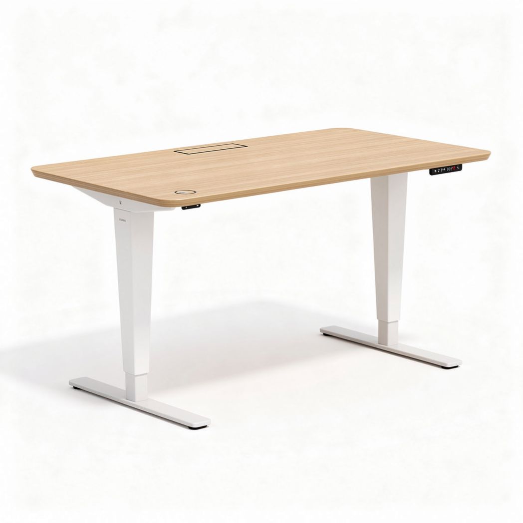 Bureau réglable en hauteur 120 x 60 x 75 cm en bois clair et métal blanc